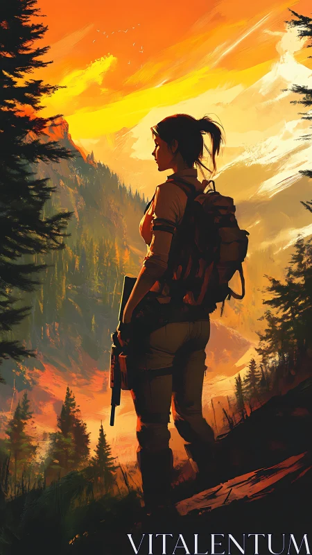 Sunset trailblazer pausing above ember-lit mountain valley.