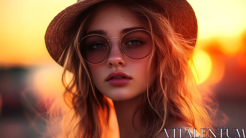 Young woman in sunhat and glasses at sunset outdoors.
