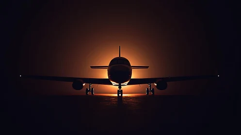 Private jet silhouette aligned before glowing runway sunset.
