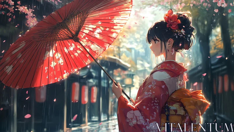 Woman in kimono holding umbrella on rainy street scene.