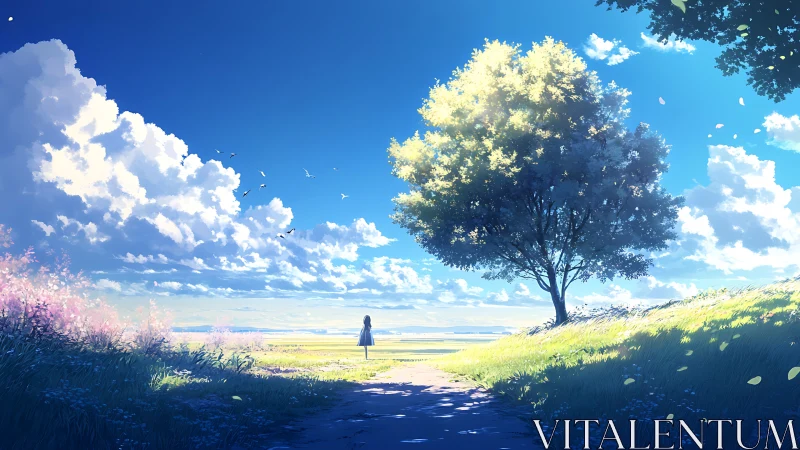 Sunlit meadow moment with a quiet girl under wide skies.