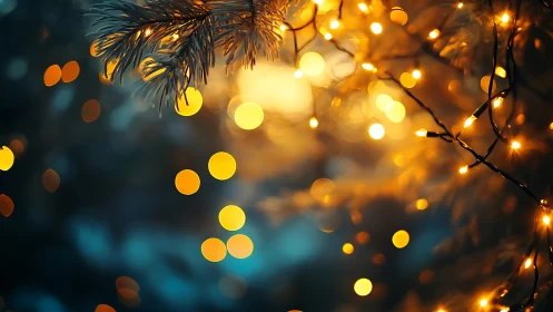 Evergreen glow, winter bokeh lights in quiet holiday hush.