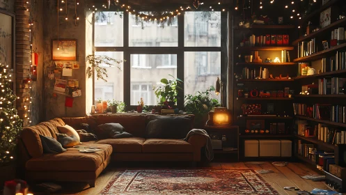 Cozy living room with sofa, bookshelves, and warm lights.