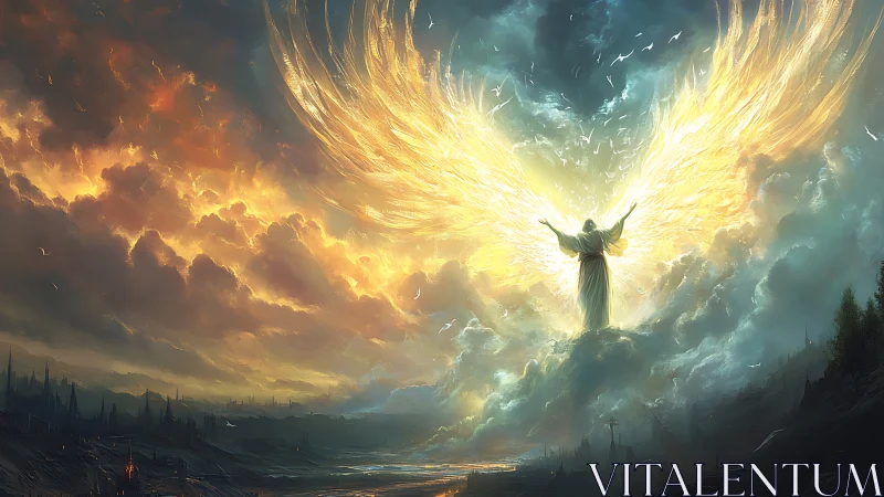 Radiant angelic figure rising above stormlit dark horizon.