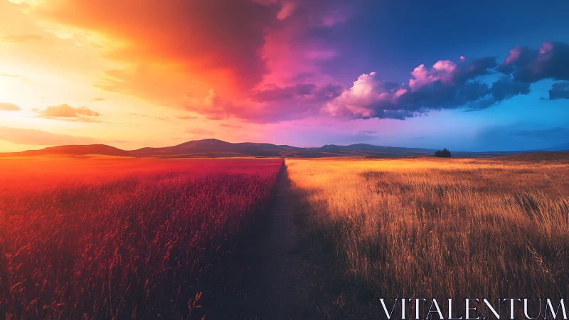Sunset path divides red and golden fields under vivid sky