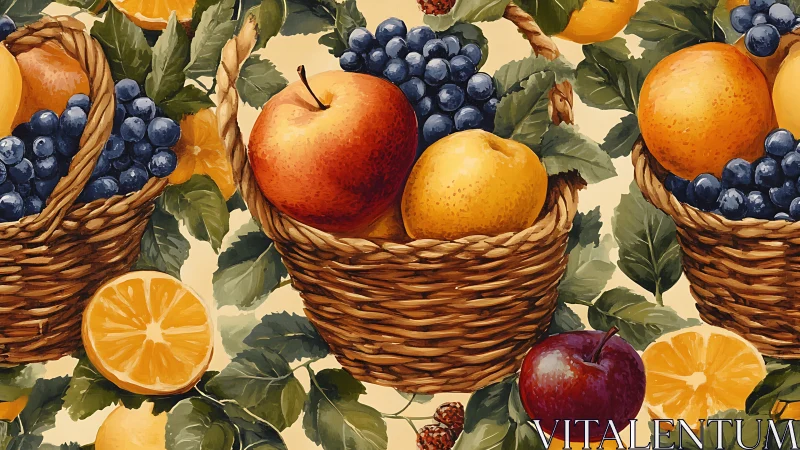Wicker baskets of fruit repeat in richly textured digital painting