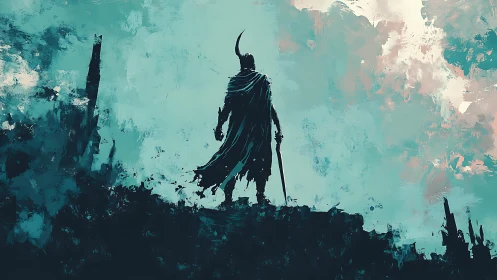 Lone horned warrior surveys a shattered, storm-torn horizon.