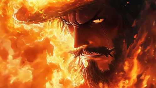 Fiery close-up portrait of scarred warrior rendered in dynamic flames