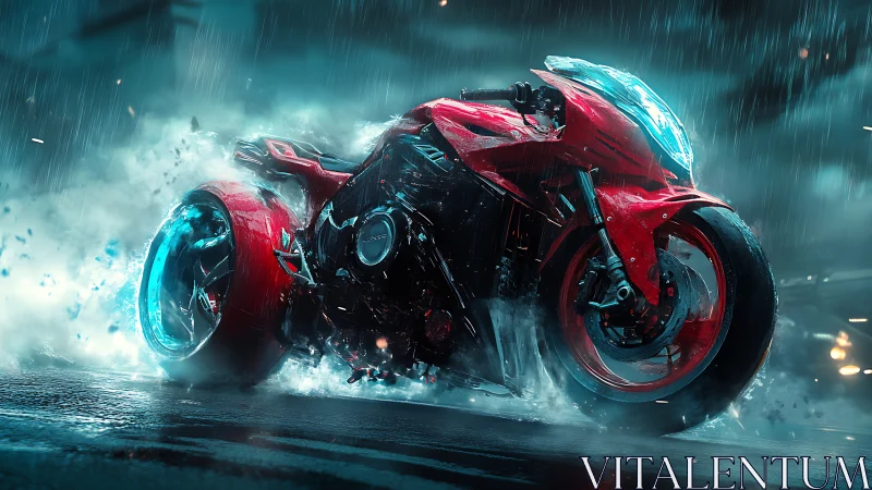 Futuristic red superbike drifts through neon rainstorm streets.