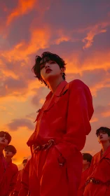 Crimson-clad youth group under blazing orange twilight sky.