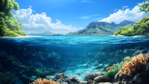 Coral kingdom glows beneath a sunlit tropical island sea.