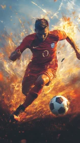 Soccer player in red kit running through fiery visual effects.