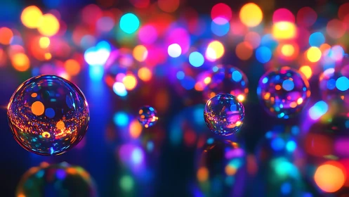 Glowing glass spheres float among multicolored bokeh lights