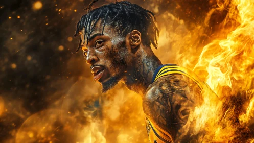 Blazing court warrior strides through molten basketball firestorm.