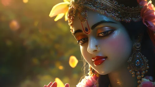 Sunlit goddess portrait wrapped in petals and quiet grace.