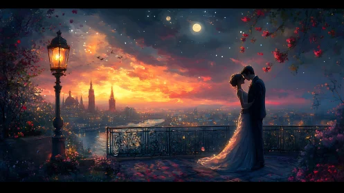 Couple on Terrace Overlooking Cityscape at Sunset