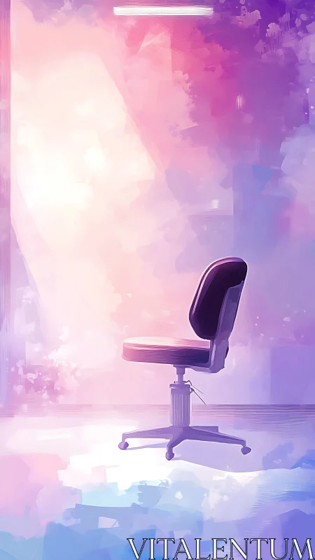 Solitary office chair under ethereal pink violet light.