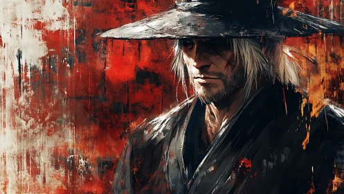 Lone wandering swordsman stands calm amid burning crimson storms