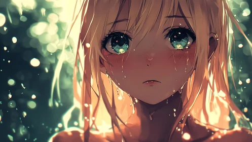 Backlit anime portrait renders wet blonde hair and reflective tears