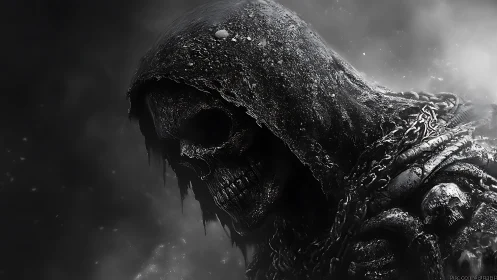 Eroded skeletal reaper in chained hooded carapace profile.