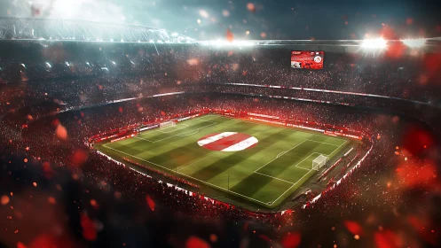 Floodlit football arena with red crowd choreography at night.
