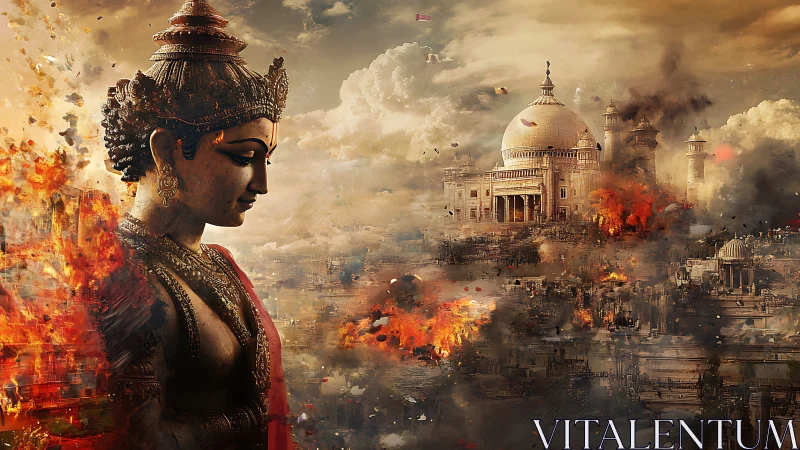 Serene deity statue against burning war torn cityscape.