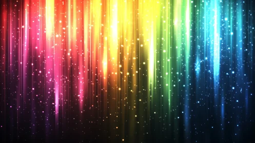 Rainbow light streaks cascade over sparkling dark background.