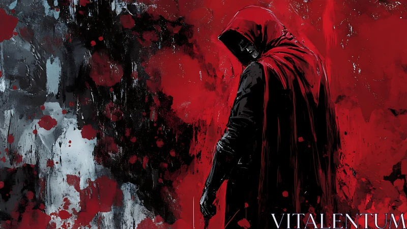 Hooded figure in red cloak before abstract red backdrop.