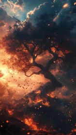 Celestial Tree Ablaze in Cosmic Inferno.