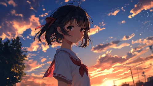 Anime schoolgirl under vivid orange and blue sunset sky.