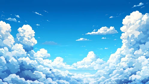 Expansive blue sky framed by towering cumulus clouds.