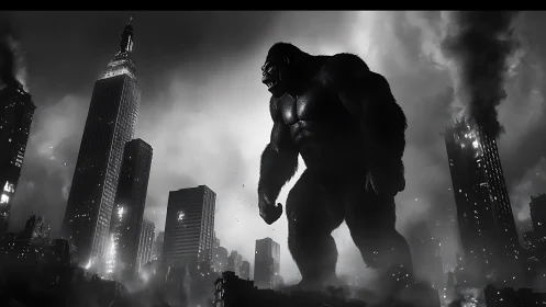 Giant gorilla towers over dark ruined city skyline.