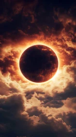 Glowing eclipse embraced by stormy clouds and quiet night sky.