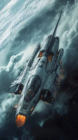 Futuristic spacecraft above clouded planetary atmosphere.