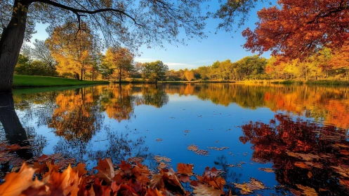 Trees and foliage reflect clearly on a calm autumn lake surface