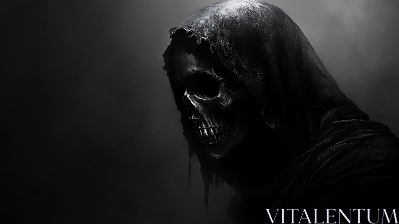 Hooded skeletal figure rendered in dark side profile lighting
