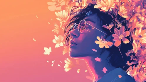 Neon-lit portrait with floral explosion and warm gradient sky