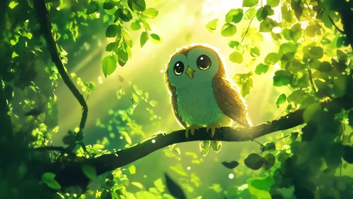 Adorable cartoon owl perched on a sunlit forest branch, digital art.