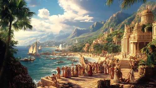 Sunlit ancient coastal city bustles beside turquoise harbor