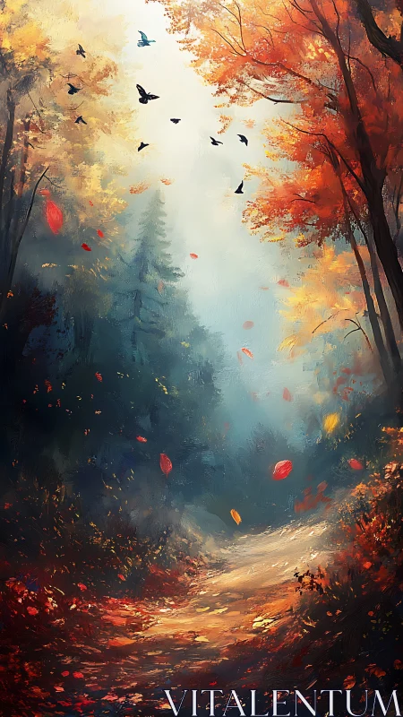 Autumn Forest Pathway with Migrating Birds in Atmospheric Mist
