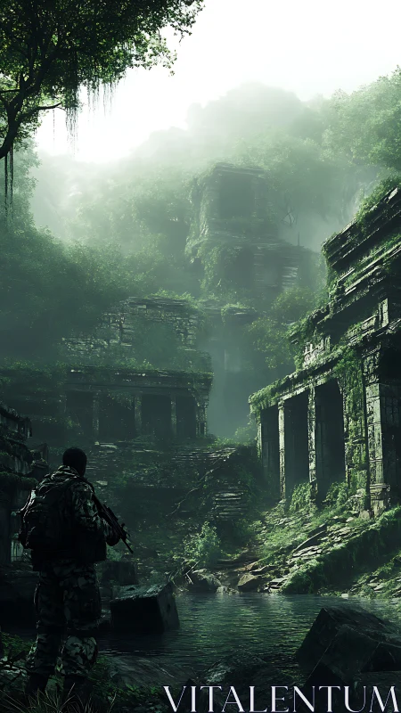 Soldier observing misty jungle ruins and overgrown temples.