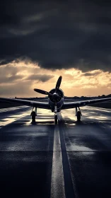 Vintage propeller aircraft on wet runway at stormy dusk.