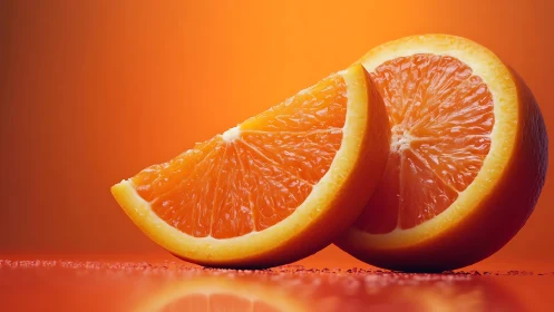 Orange slices on reflective surface against gradient background.