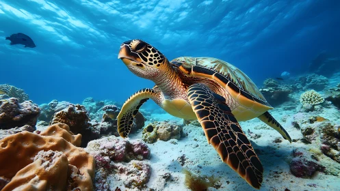 Photorealistic sea turtle portrait in dynamic reef seascape.