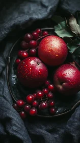 Low-key still life of wet red stone fruit and grapes on linen.