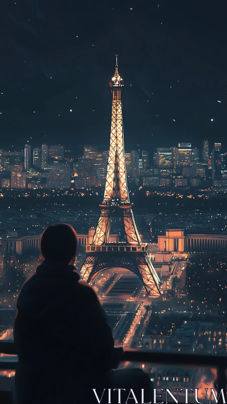 Silhouette observes illuminated tower above nocturnal cityscape