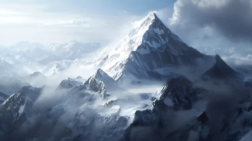 Digital alpine summit vista with atmospheric depth rendering.