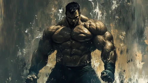 Muscular male figure stands tense against abstract backdrop