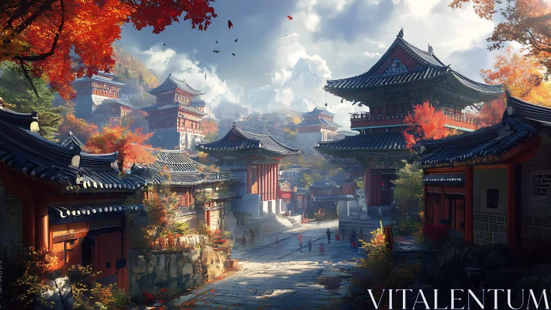 Autumn-lit mountain temple street glows with warm serenity.