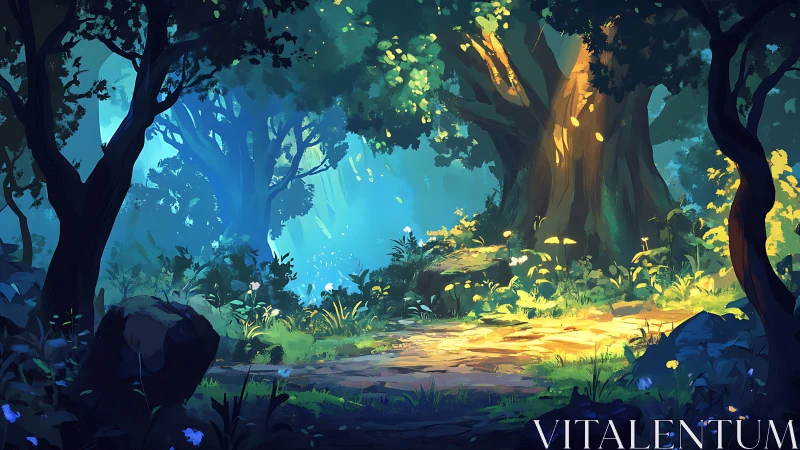 Luminescent forest clearing with ancient tree formations.